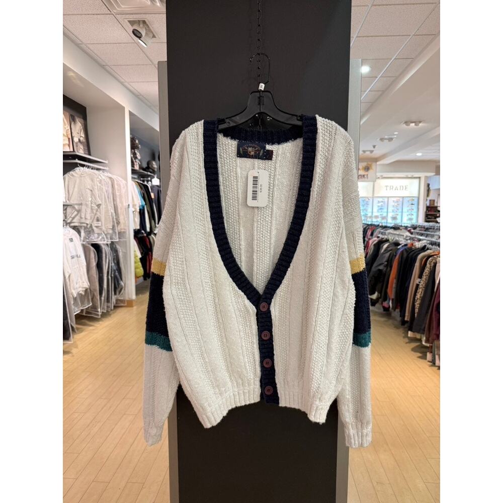 80s Lake Harmony USA Vintage Striped Sleeve Chunky Knit Cardigan Sweater White